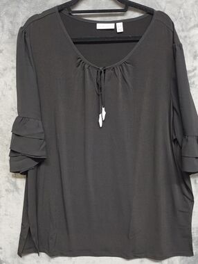 Susan Graver Black Ruffle-Sleeve Tie-Neck Tunic Sz 3X